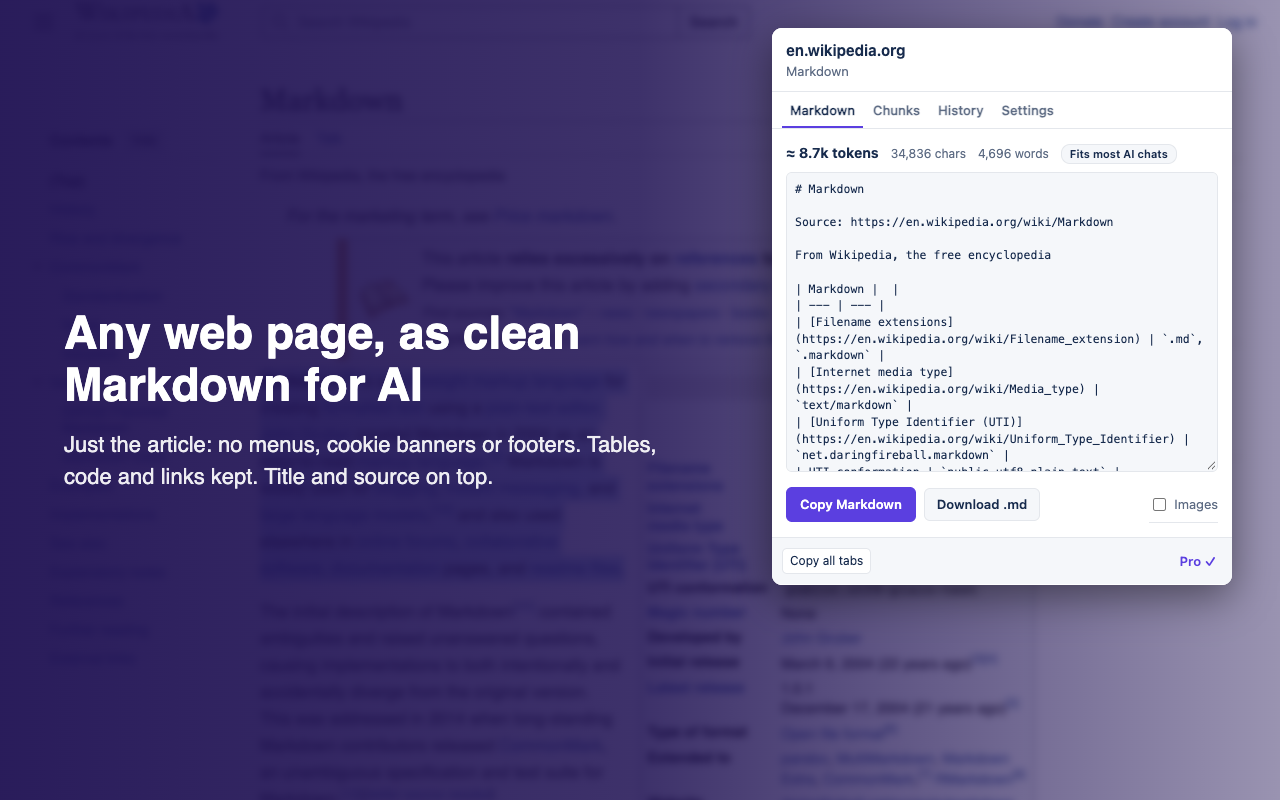 The extension's popup showing a Wikipedia article as Markdown, with a token estimate and Copy and Download buttons