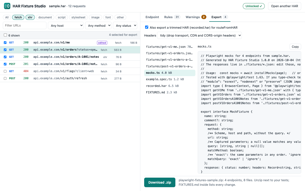 HAR Fixture Studio with four API requests ticked in the request list and the Export tab open, previewing the generated mocks.ts beside the list of files in the zip: four fixture JSON files, mocks.ts, example.spec.ts, recorded.har and FIXTURES.md
