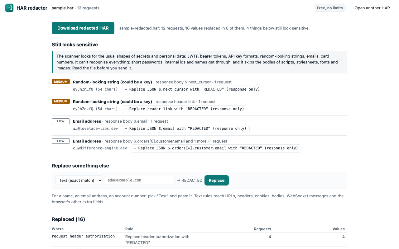 The HAR redactor after opening the sample HAR: a Download redacted HAR button and a summary of values replaced, then a Still looks sensitive list with customer email addresses and an add-rule button beside each